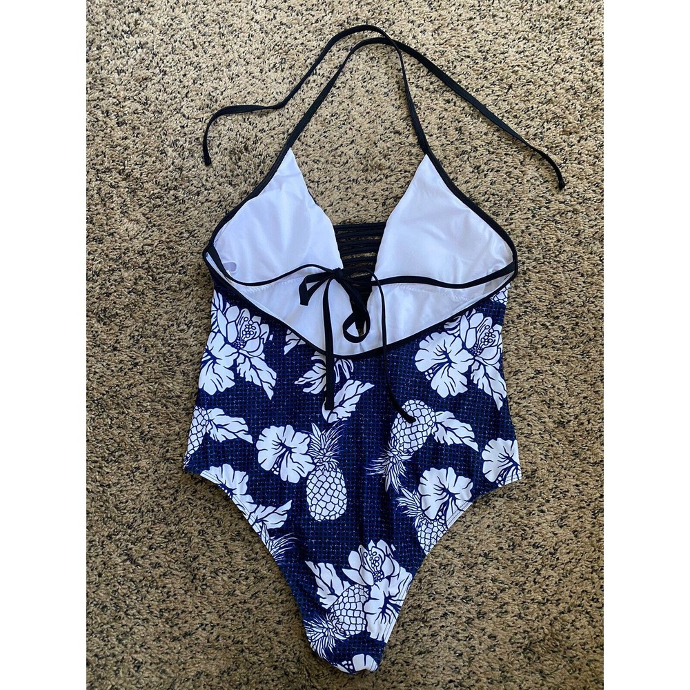AdoreShe Sexy Deep V Pineapple Hibiscus Print One Piece Swim Suit Medium - Picture 3 of 7